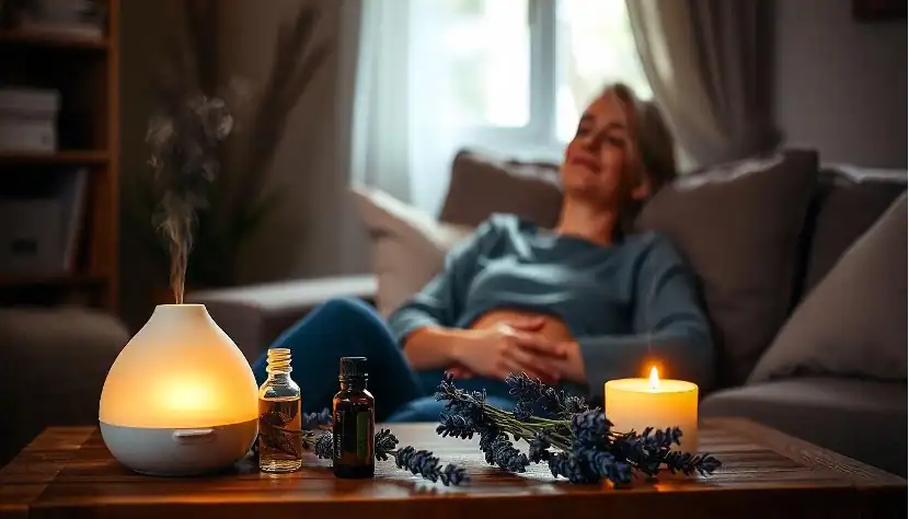 A woman relaxing on a couch, surrounded by calming aromatherapy elements including a lit candle, essential oils, a diffuser emitting mist, and lavender sprigs on a wooden table. Showcasing one of the best ways to release stress.