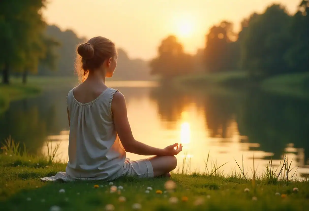 A person practising mindfulness by a serene lakeside during sunset, showcasing one of the best ways to release stress.