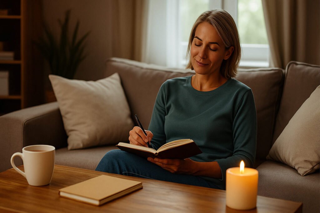 Woman writing in a journal while sitting on a sofa. In front of her, a cup of tea, a candle, and a notebook placed on a wooden table.