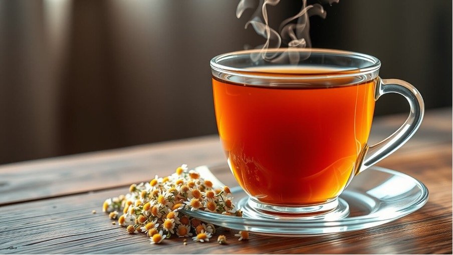 A steaming cup of chamomile tea in a clear glass cup placed on a wooden table. Fresh chamomile flowers are scattered beside the cup.