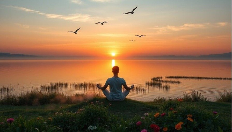 A person practising mindfulness by a serene lakeside during sunset, showcasing one of the best ways to release stress. Birds flying above, and vibrant flowers fill the foreground, creating a peaceful atmosphere.