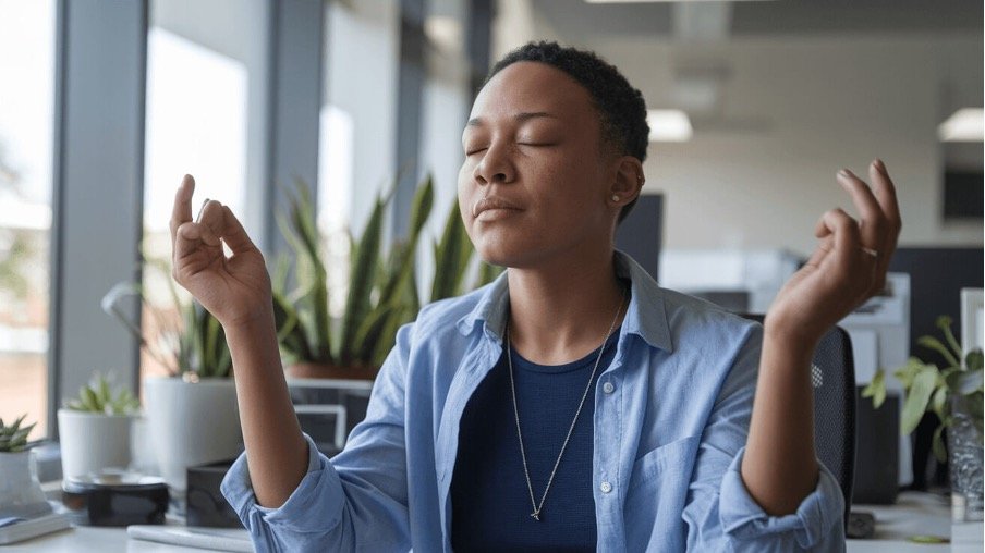 Person practicing deep breathing at an office desk, sitting upright with closed eyes, promoting relaxation and stress relief at work.