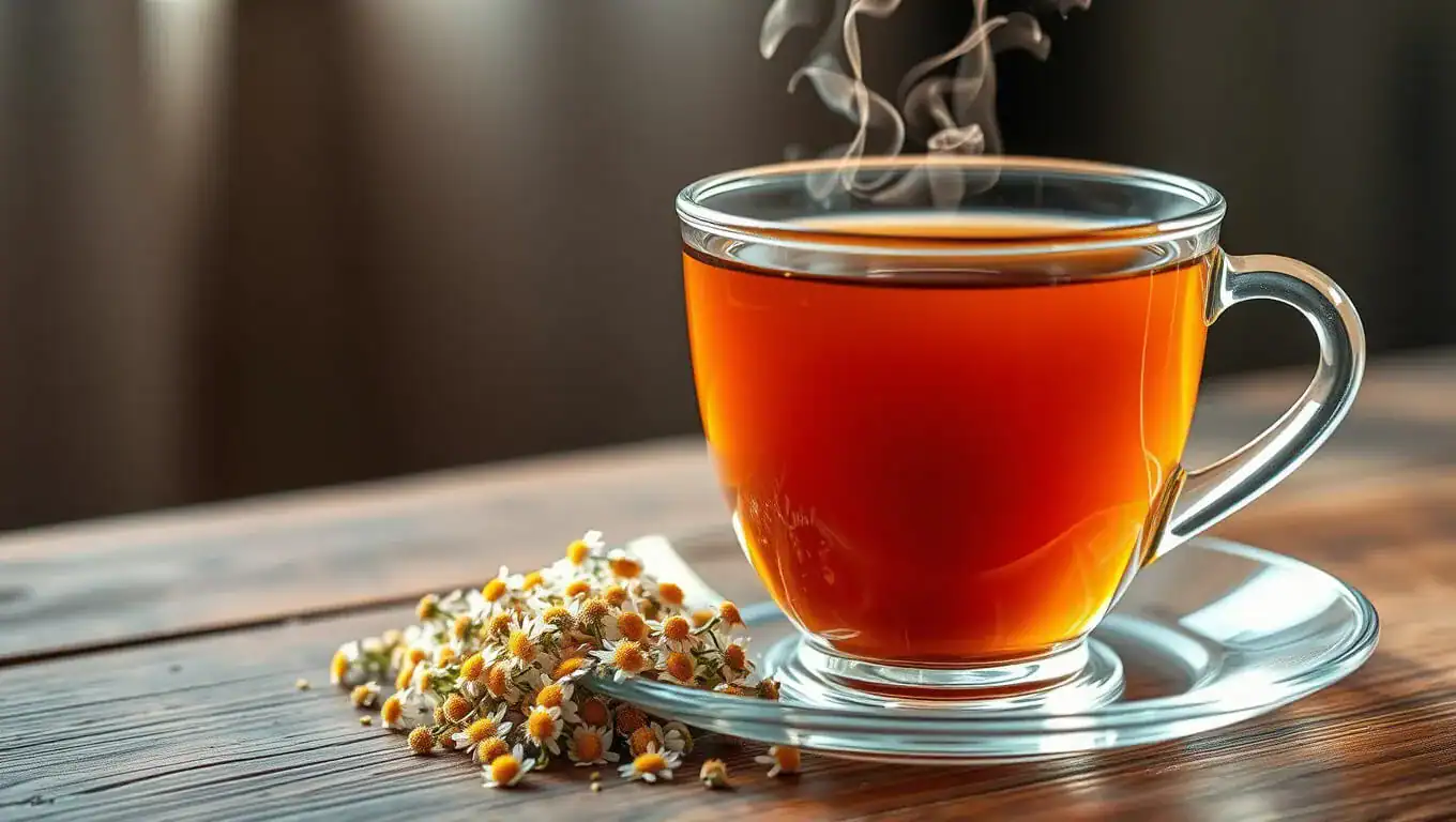 A steaming cup of chamomile tea in a clear glass cup placed on a wooden table. Fresh chamomile flowers are scattered beside the cup.