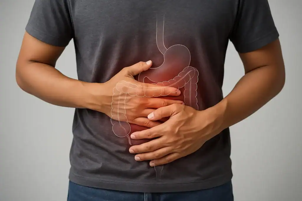 Man holding his stomach in pain, illustrating one of the 10 Signs of an Unhealthy Gut.