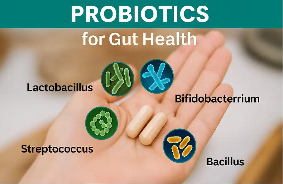 Hand holding probiotic capsules, showing Names of Gut Bacterias, Lactobacillus, Bifidobacterrium, Streptococcus, Bacillus.