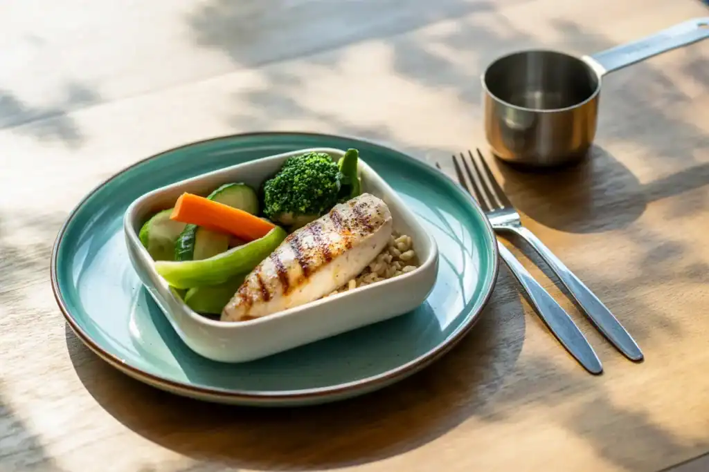 a dinner plate with a small portion of healthy food, in small serving dish featuring a grilled chicken breast, steamed vegetables, and a small amount of brown rice, next to a measuring cup, on a wooden table with natural lighting, illustrating portion control for weight loss.