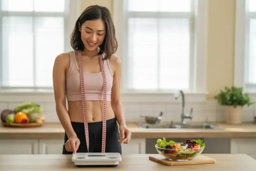 a woman standing, preparing healthy meal with portion control visible on a kitchen counter in the background, soft natural lighting coming through windows, conveying a sense of How to lose weight without exercise.