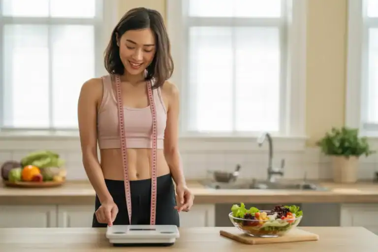 a woman standing in front of a table measuring food for diet. Showcasing how to lose weight without exercise.
