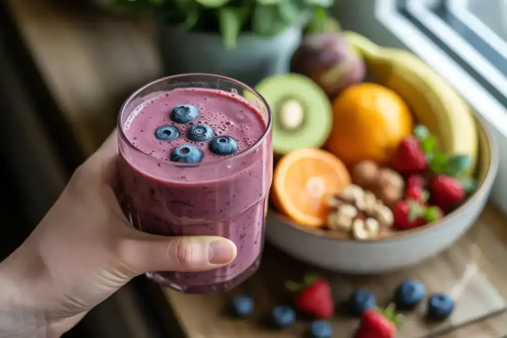 a hand holding fresh berries smoothies in a glass, showing a bowl of fresh fruit and nuts as alternatives, with subtle natural lighting highlighting the healthier choices.