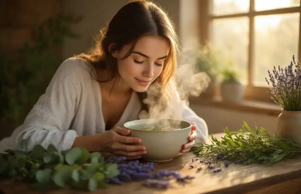 A woman taking herbal steam, practising a Productive Morning Routine.