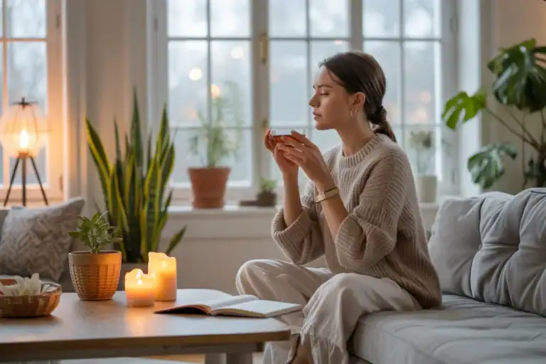 A women having herbal tea and practicing Aromatheraphy a best form of self care activities.