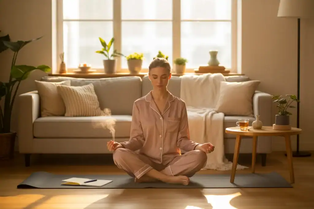 A women practicing breathing exercise for stress relief, a best form of self care activities.