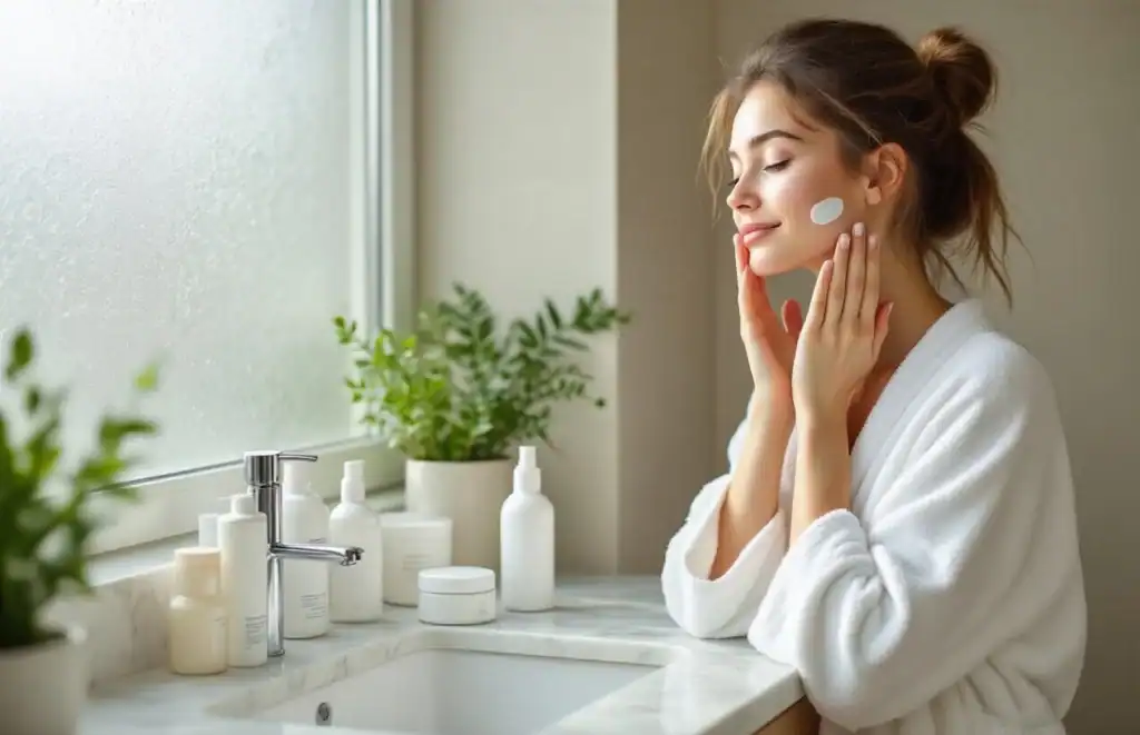 A woman doing skin care, practising a Productive Morning Routine.