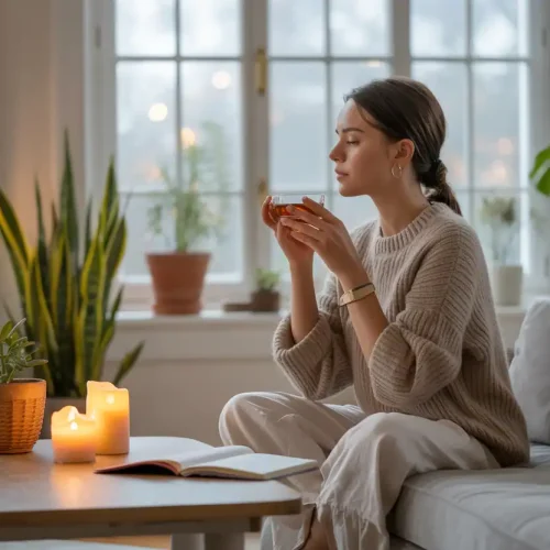 A women having herbal tea and practicing Aromatheraphy a best form of self care activities.