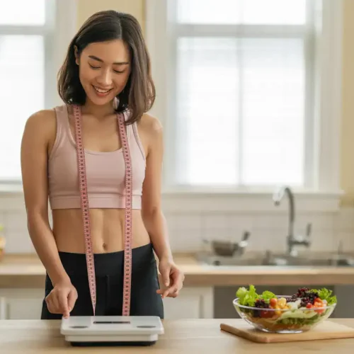 a woman standing in front of a table measuring food for diet. Showcasing how to lose weight without exercise.